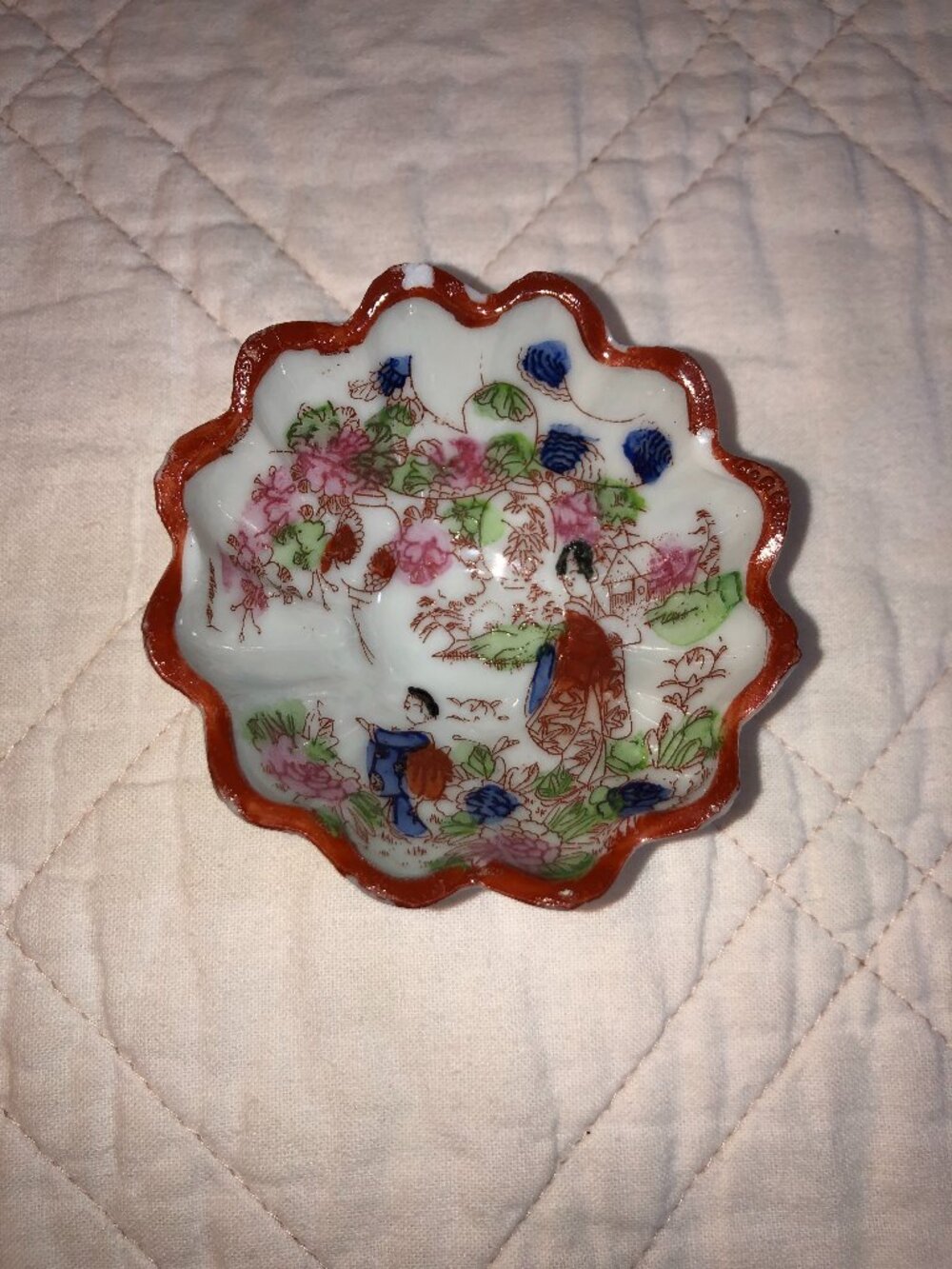 Vintage Japanese Porcelain Scalloped Mini Bowl featuring a Geisha & Floral Motif